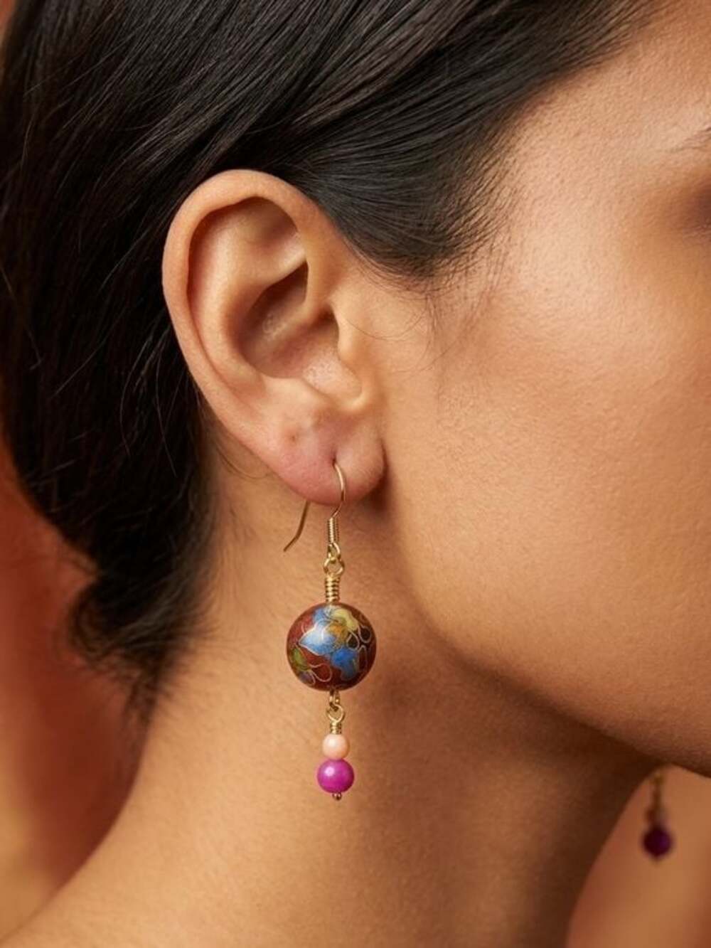 Artisan Rust Cloisonné Double Hand Wrapped Mother of Pearl Earrings 1
